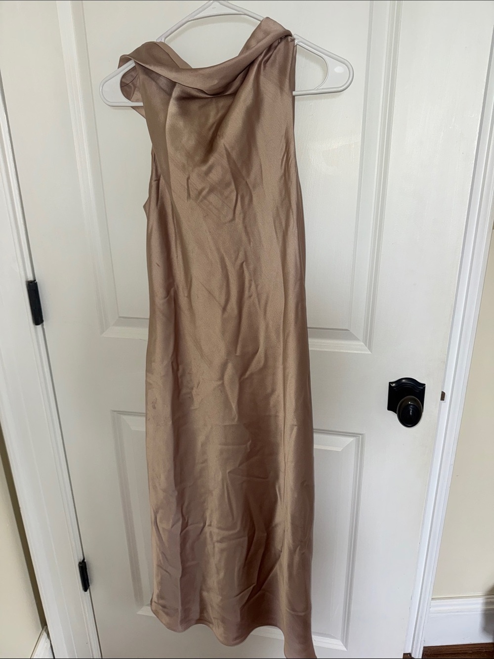 ANTONIO MELANI Taupe Satin Cowl Neck Maxi Dress